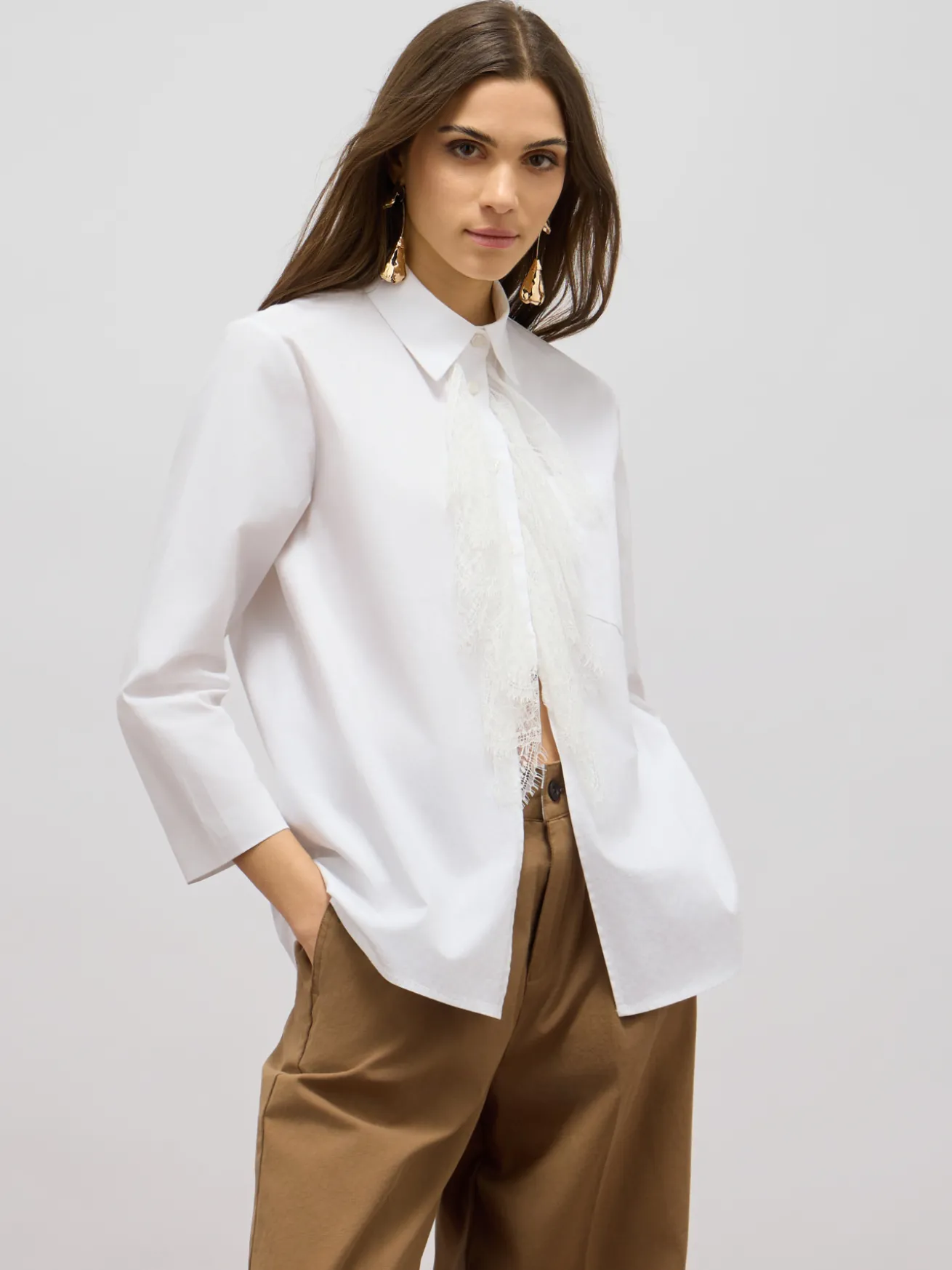 Camicia oversize in cotone con pizzo