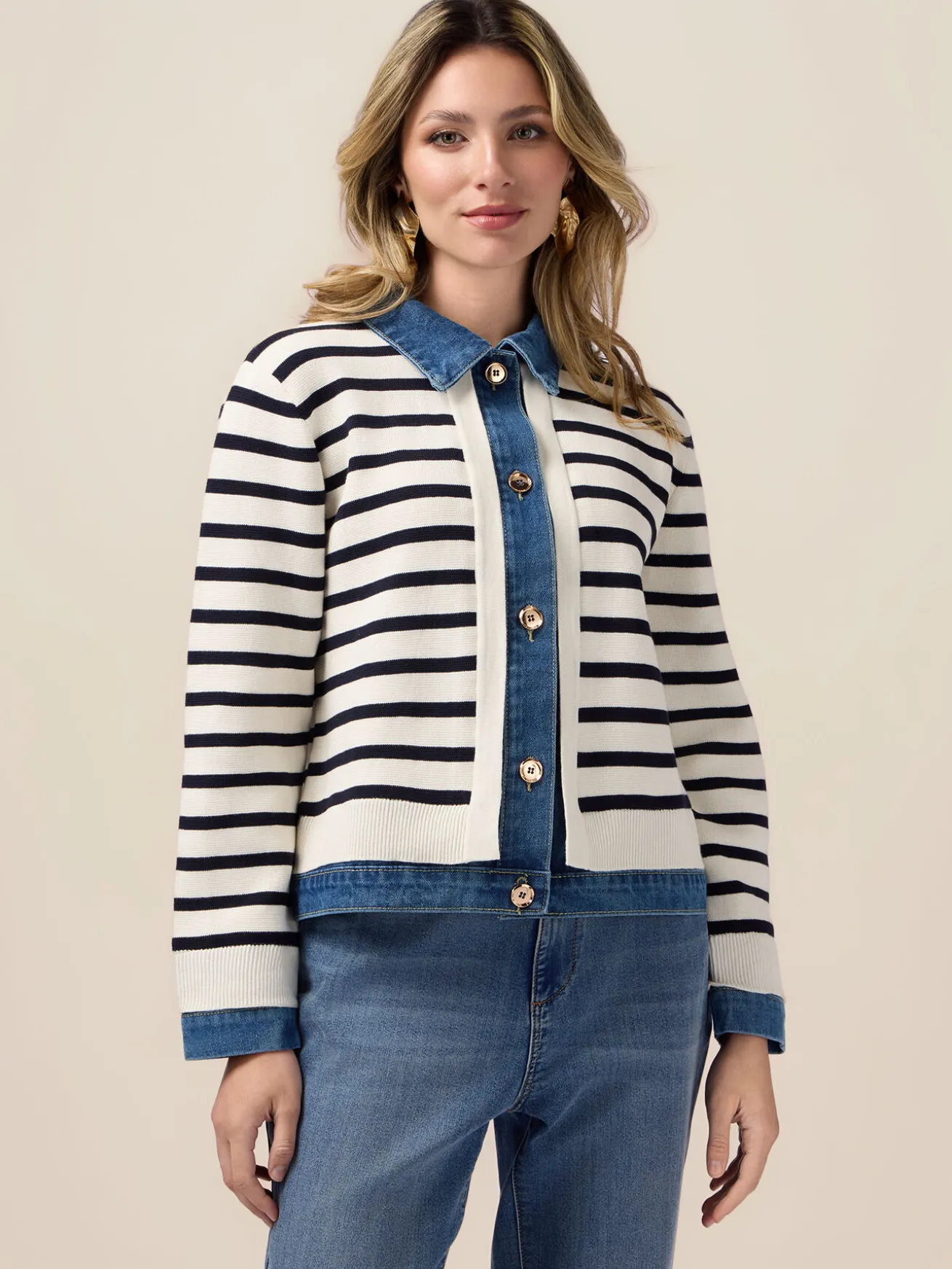 Cardigan con inserti in denim
