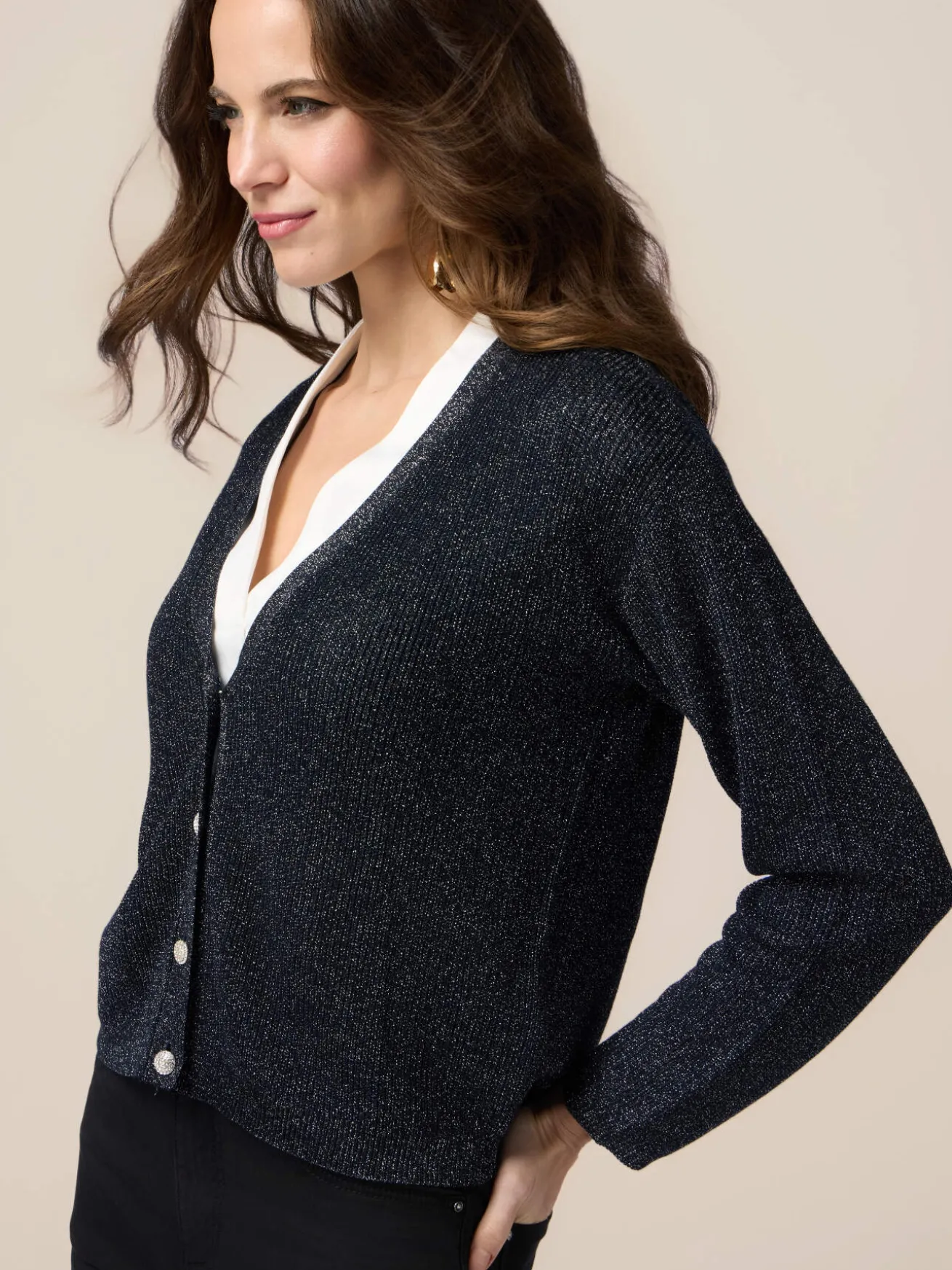 Cardigan lurex con bottoni gioiello