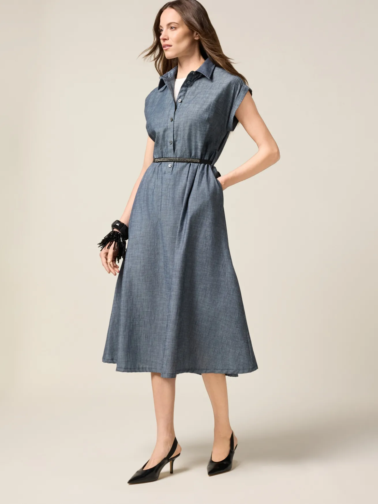 Chemisier in tessuto misto lino effetto denim