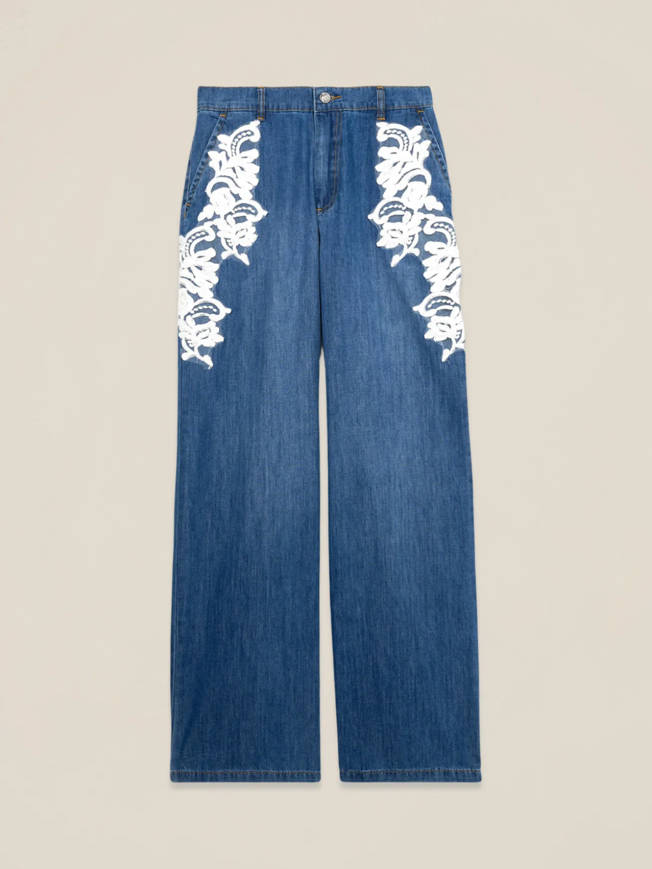 Jeans palazzo con ricami decorativi