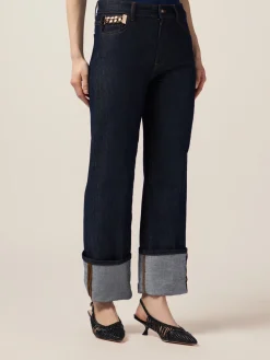 Jeans palazzo in denim con fibbia gioiello