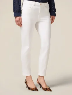 Pantaloni skinny in cotone e tencel con bottone gioiello