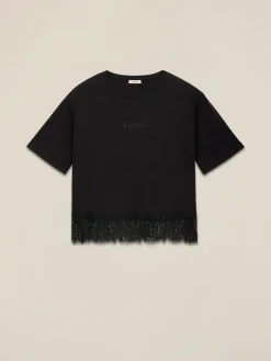 T-shirt con pizzo e applicazione lettering