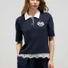 T-shirt polo con ricamo e pizzo