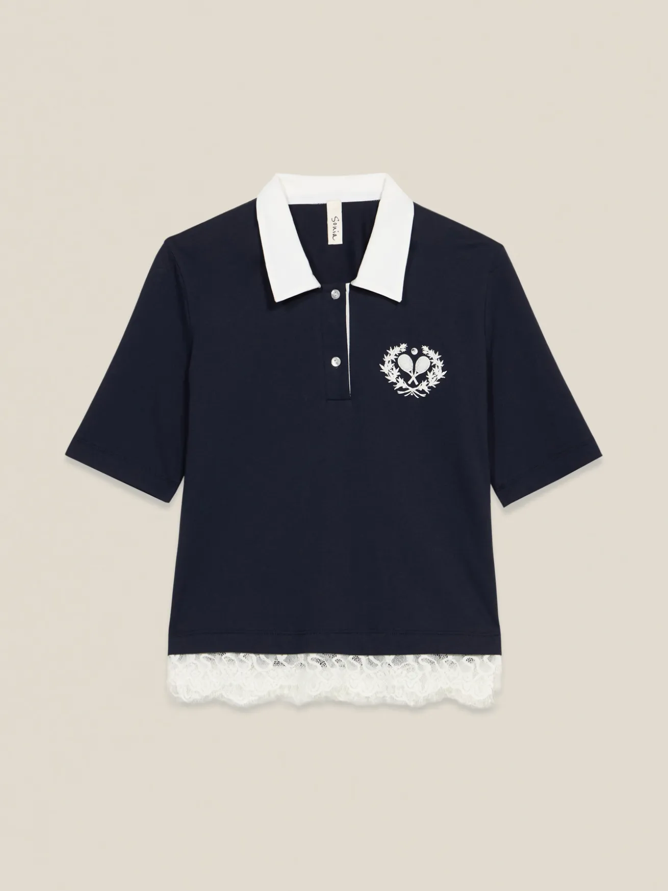 T-shirt polo con ricamo e pizzo