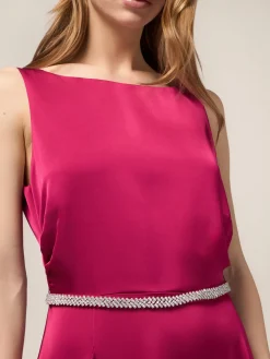 Vestito lungo in raso con cintura gioiello